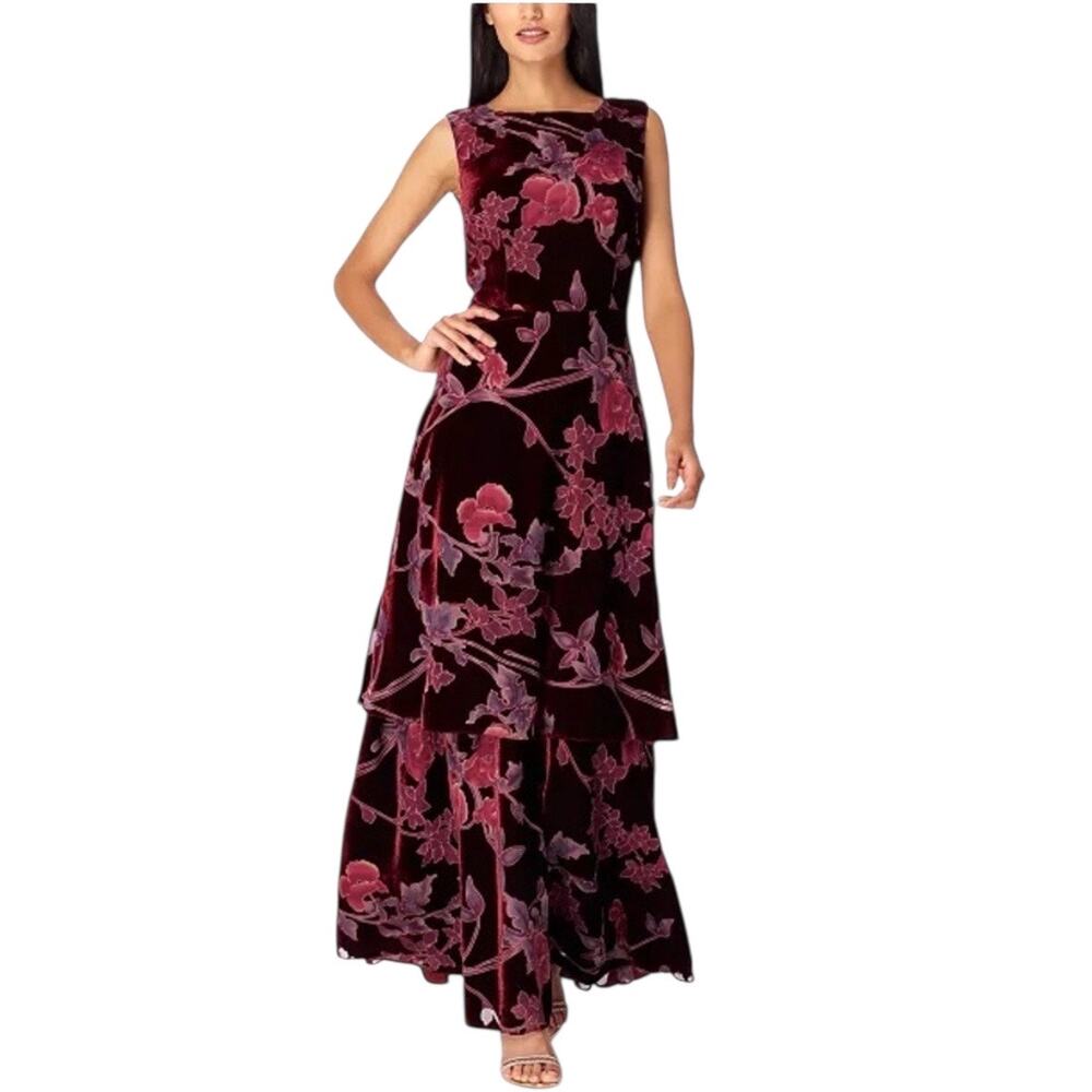 Tahari Burgundy Velvet Floral Maxi Dress Size 12 Burnout Sleeveless Gown